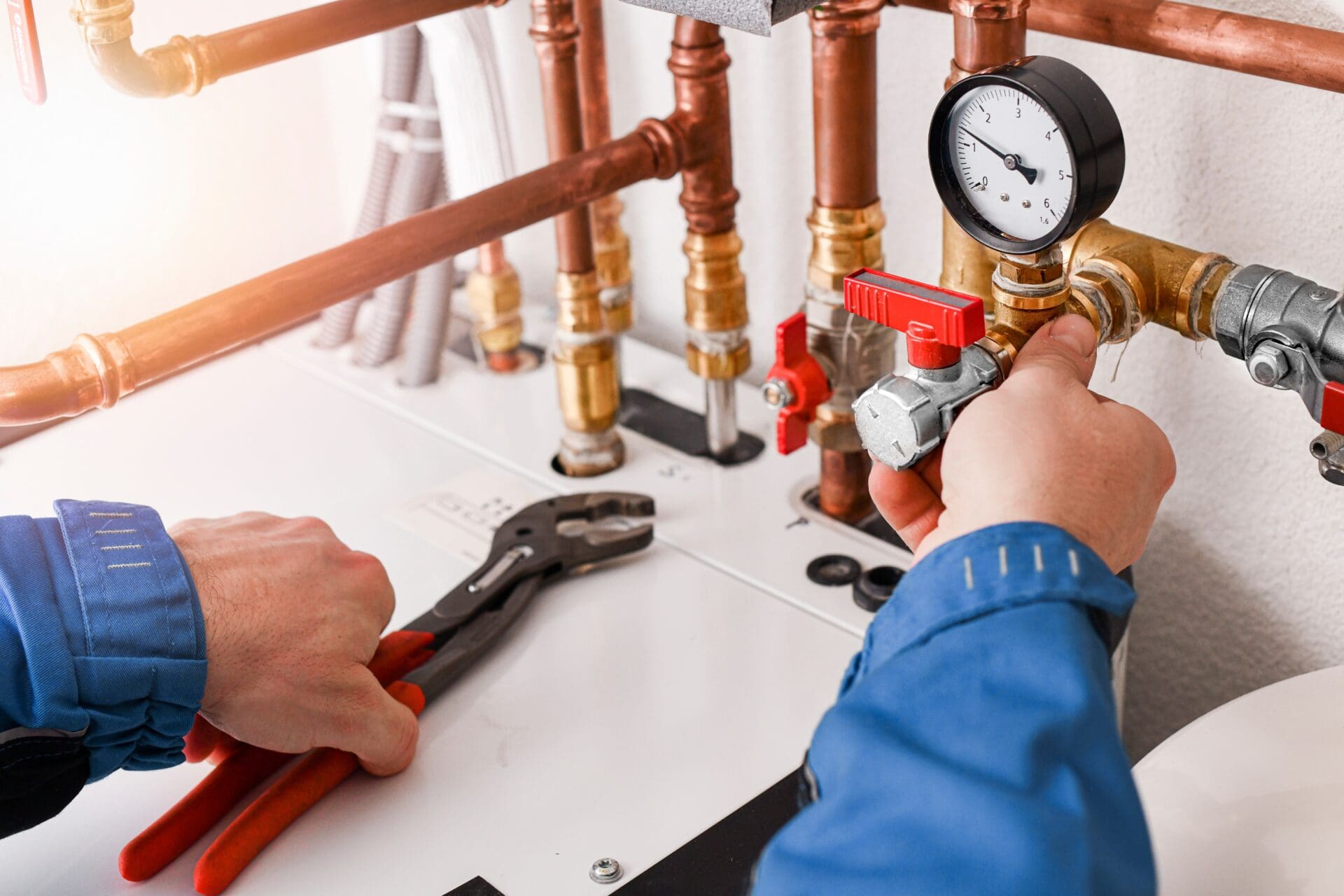 Man adjusting water gauge on copper pipes with wrench in other hand